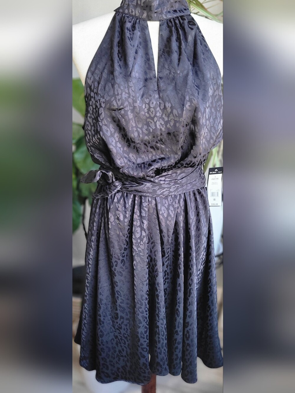 BCBG Paris Black Leopard Jacquard Halter Dress Size L 12-14 NWT